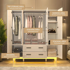 Large Capacity Wardrobe Armoire for Bedroom, 4 Door LED Wardrobe Closet with Drawers, Multi-Tier Shelves & Hanging Rod, White