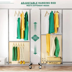 Clothing Rack for Hanging Clothes, Rolling Heavy Duty Clothes Rack with Wheels for Walk-in Closet