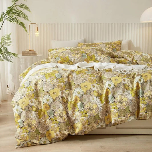 Duvet Cover Queen 100% Cotton, Green Garden Flower Pattern Bedding Duvet Cover Set Full Queen with Pillowcases Durable Zipper