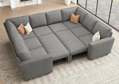 Modular Sectional Sleeper Sofa Bed, Corduroy Pull Out Couch with Storage Ottoman, U Shaped Sectional Couches for Living Room