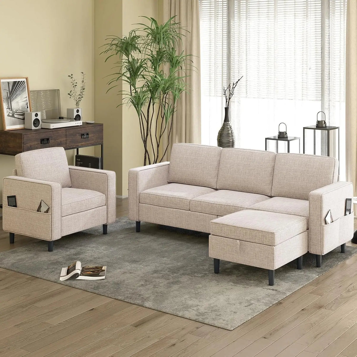 3Piece Sofa Set L Shaped Sofa Sets Living Room,Convertible Lounge Sofa Couch Set Apartment,3Piece 3-Seater+Armchair Set Movable