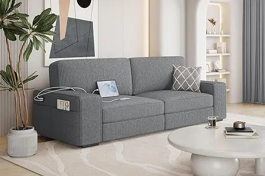 Modern Sofa Couch Corduroy Fabric Sofa with USB Charging Ports & Side Storage Pockets for Living Room Apartment