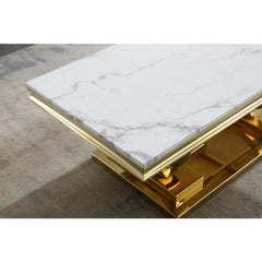 47 inch White Marble Coffee Table with Mirrored Stainless Steel Metal Base, Rectangle Faux Marble Top Coffee Tables Center Table