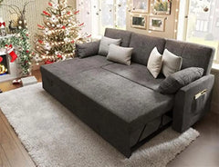 Sofa Bed, 2 in 1 Pull Out Couch Bed with Storage Chaise for Living Room, Sofa Sleeper with Pull Out Bed, Gray Chenille Couch