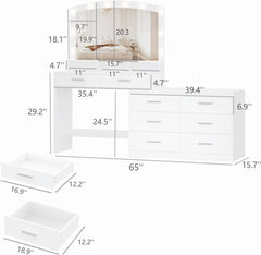 Irontar Vanity Desk with Large Mirror and 3-Color Lights, Makeup Vanity with 8 Drawers & Open Shelf, Side Cabinet