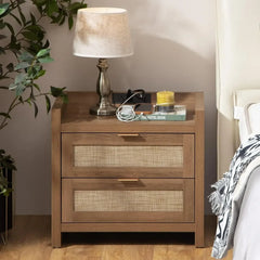 Rattan Nightstands with Type-C Charging Station & 2 Rattan Drawers - Boho Bed Side End Table for Small Space