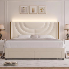 Queen Upholstered LED Bed Frame with 2 Storage Drawers, Velvet Platform Bed with Wingback Headboard, Solid Wooden Slats Support