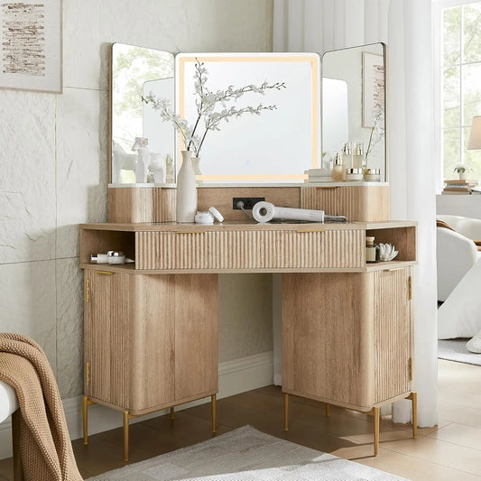 48'' Fluted Makeup Vanity Desk with HD Triple Mirror and Lights, Large Vanity, Modern Dressing Table with 3 Drawers & 2 Cabinets