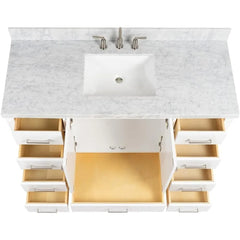 Bathroom Vanity with Edge Italian Carrara Marble Countertop & Backsplash, Center Rectangular Sink, Soft Closing Doors