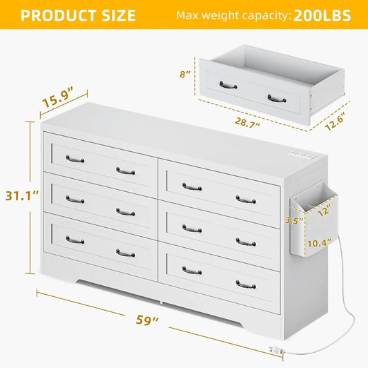 Dresser for Bedroom, 59.5 Inch Wide Modern Dresser TV Stand with Large Drawers & Bar Handles, Storage Dressers with Power Outlet