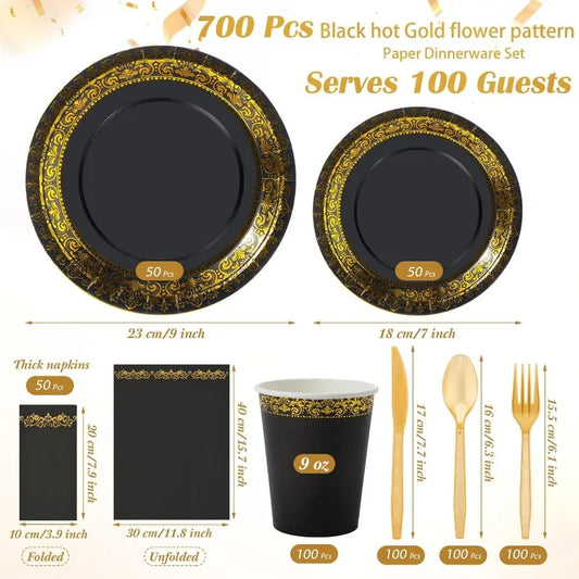 700 Pcs Disposable Dinnerware Set for 100 Guests Include 200 Paper Plates, 300 Plastic Silverware, 100 Paper Cups, 100 Napkins