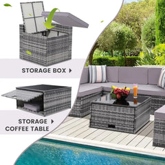 8PCS Outdoor Wicker Rattan Patio Furniture Sectional Set with Hidden Storage 7 Sofa Sections Oversized Cushions