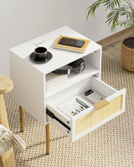 Rattan Nightstand with Charging Station, 2 Drawer Dresser for Bedroom, Small Bedside Table with 2 Drawers, Night Stand,