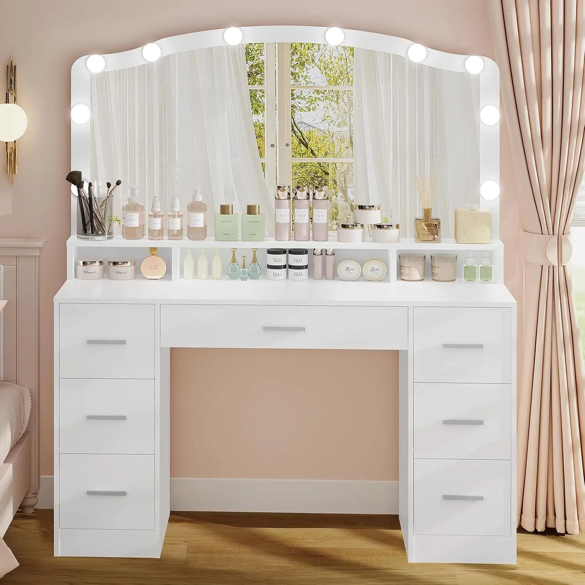 43.3" Vanity Desk with Large Lighted Mirror, 7 Drawers & 10 Lights Bulbs, 3 Lighting Colors, Vanity Table for Women Girls