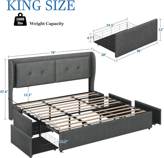 King Size Bed Frame with Storage, LED King Bed Frame and Wingback Headboard