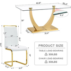 63” Glass Dining Table Set for 6,Gold Dining Room Table Set for 6,Modern Kitchen Table and PU Leather Chairs for 6, Dinner Table