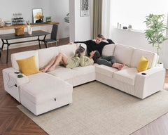 U Shaped Sofa, 7 Seater Sofa with USB Ports, Sectional Sofa Couch with Storage Chaise, Corduroy Beige