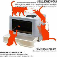 Foldable Cat Litter Box Front Entry & Top Exit Toilet Boxes with Massager Litter Scoop Enclosed Foldable Kitty Toilet