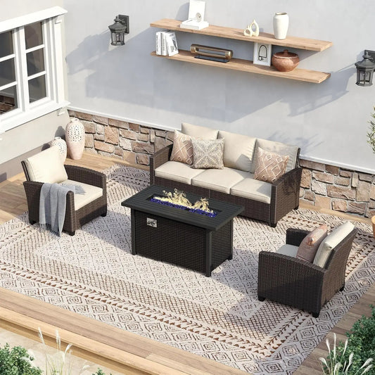 4 Pieces Patio Furniture Set, Rattan Cushioned Outdoor Conversation Set Wicker 3-Seat Sofa Couch, Table and 2 Sofa Chairs