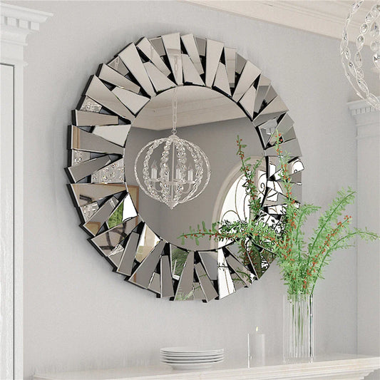 Unique Sunburst Decorative Wall Mirror Round 800MM Silver Beveled Glass Accent Mirrors Bathroom