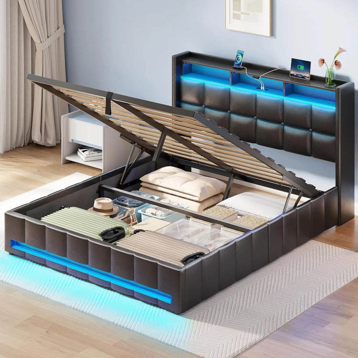 Bed Frame Full Size with Lift Up Storage, Charging Station & LED Lights, Upholstered Storage Headboard, Heavy Duty Wooden Slats