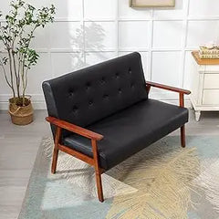 Mid-Century Modern Solid Loveseat Sofa Upholstered Faux Leather Couch 2-Seat Wood Armchair Living Room/Outdoor Lounge C