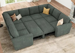 Modular Sectional Sleeper Sofa Bed, Corduroy Pull Out Couch with Storage Ottoman, U Shaped Sectional Couches for Living Room