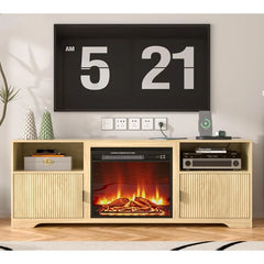 68" Fireplace TV Stand for TVs up to 70" with 23" Electric Heater, Media Console Cabinet with Storage Shelves, Fluted Door