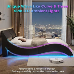 Bed Frame, King with Headboard and LED Lights, Contemporary Faux Leather, Wavy Curve Bed Frames, Platform Bed Frame