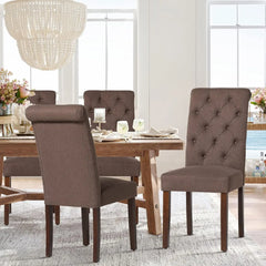 Button Tufted Dining Chairs Set of 4 Parsons Upholstered Fabric Dining Room Chairs Kitchen Chairs Wood Legs  Padded Seat Brown