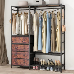 Clothes Rack with 5 Drawers & 4 Storage Shelves, 59.1W*70.9H Heavy Duty Clothing Rack with 2 Hanging Rods, Wardrobe Closet