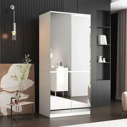 4 Door Wardrobe Closet with Mirrors, Armoire Wardrobe Closet with Hanging Rod, Mirrored Armoire for Bedroo