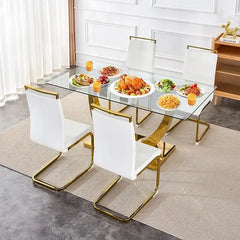 63” Glass Dining Table Set for 4,Modern Dining Room Table Set for 4,Kitchen Table and PU Leather Chairs for 4, Glass Top