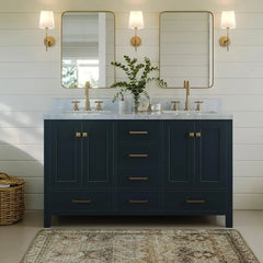 Double Bathroom Vanity with Edge Italian Carrara Marble Countertop & Splash, Rectangular Sinks,Closing Doors