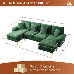 U-Shaped Sectional Sofa Couch, 4 Seat Sofa Set for Living Room, Convertible L-Shaped Velvet Couch Set with Chaise Lounge