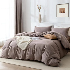 Duvet Cover Set- 100% Washed Cotton 3 Pcs Soft Comfy Breathable Chic Linen Feel Bedding, 1 Duvet Cover and 2 Pillow Shams