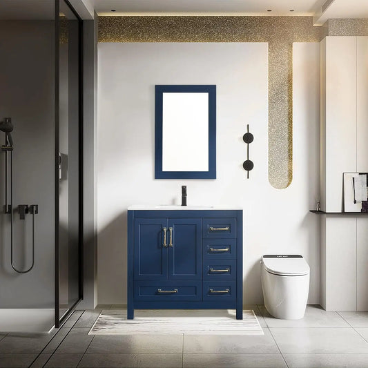 36" Bathroom Vanities Cabinet with Sink Combo Set Undermount Ceramic Sink w/Thickened Wood Matte Black Faucet Navy Blue