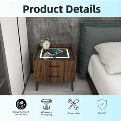 Smart LED Nightstand with 2 Drawers, End Table with Charging Station Wireless and Storage, Bluetooth Speaker Side Table