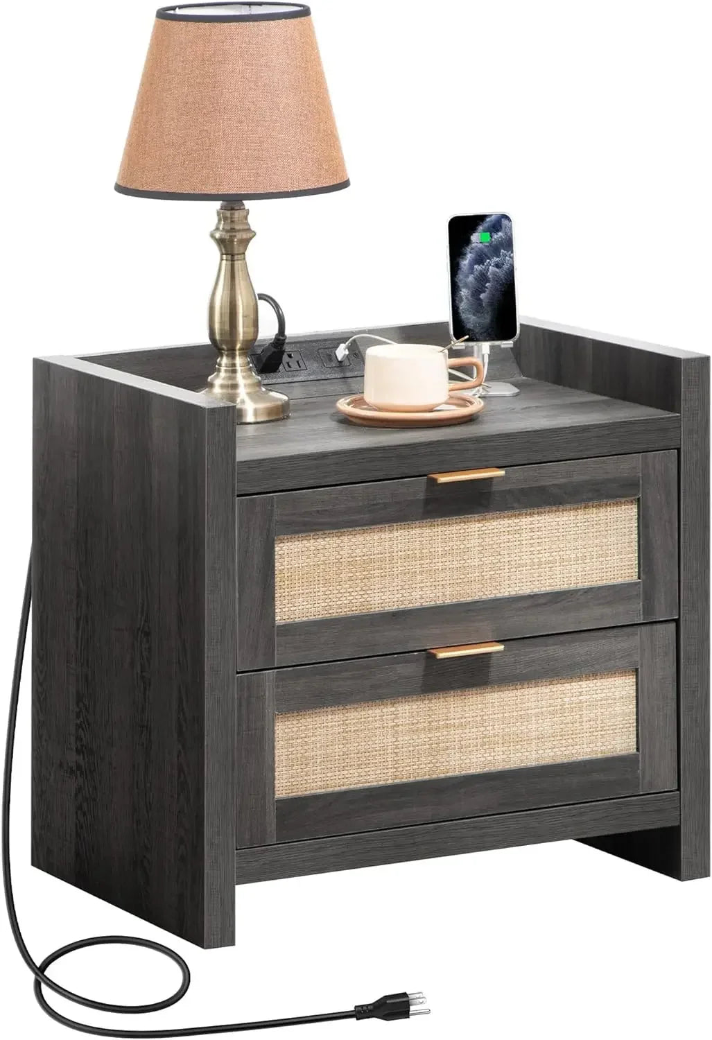 Rattan Nightstands with Type-C Charging Station & 2 Rattan Drawers - Boho Bed Side End Table for Small Space