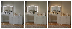 Irontar Vanity Desk with Large Mirror and 3-Color Lights, Makeup Vanity with 8 Drawers & Open Shelf, Side Cabinet