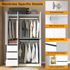 3 Door Armoire Wardrobe Closet, Wardrobe Closet with 3 Drawers, Freestanding Wardrobes with 3 Hanging Rod and a Mirror for Bedro