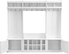 Wide Hall Tree with Storage Bench for Entryway, Bench with 10 Hooks, Coat Rack with Storage Shoe Cubbies and Cabinets, White