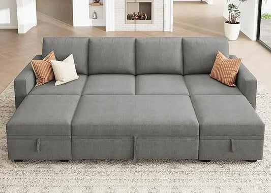 Modular Sectional Sleeper Sofa Bed, Corduroy Pull Out Couch with Storage Ottoman, U Shaped Sectional Couches for Living Room