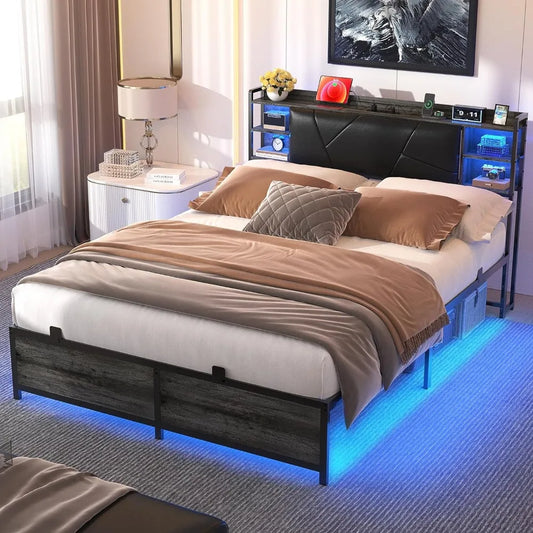 Queen Size Bed Frame with Charging Station and Cool LED Lights, Sturdy Platform Bed with Upholstered Storage Headboard