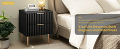 Black Night Stand Set 2, Wide Fluted Nightstand with 2 Drawers, Modern Glossy Storage Bedside Table for Bedroom, End Sid