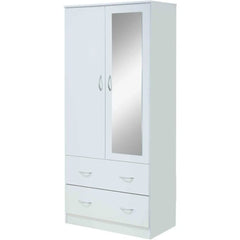 2 Door Wood Wardrobe Bedroom Closet with Clothing Rod inside Cabinet, 2 Drawers for Storage and Mirror, White