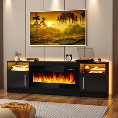 Fireplace TV Stand 70"Wooden TV Stand for TVs Up to 80"Media TV Console with High Gloss Storage Cabinet and 16 Colors LED Lights