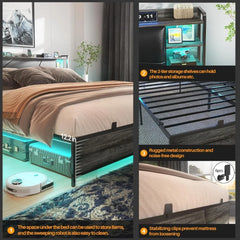 Queen Size Bed Frame with Charging Station and Cool LED Lights, Sturdy Platform Bed with Upholstered Storage Headboard