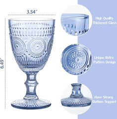 Blue Wine Glasses Set of 6 Vintage Drinkware Water Goblets for Wine or Cocktails Cute Drinking Glass with  Embossed Glassware fo