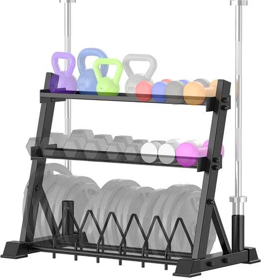 Dumbbell Rack 3-Tier Weight Plate Rack Storage Stand for Dumbbell/Kettlebell/Weight Plate and Curl Bar